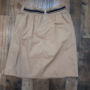 ZARA Basic Denim Womans Large Camel Khaki Zip Front Skirt Below Knee Skirt